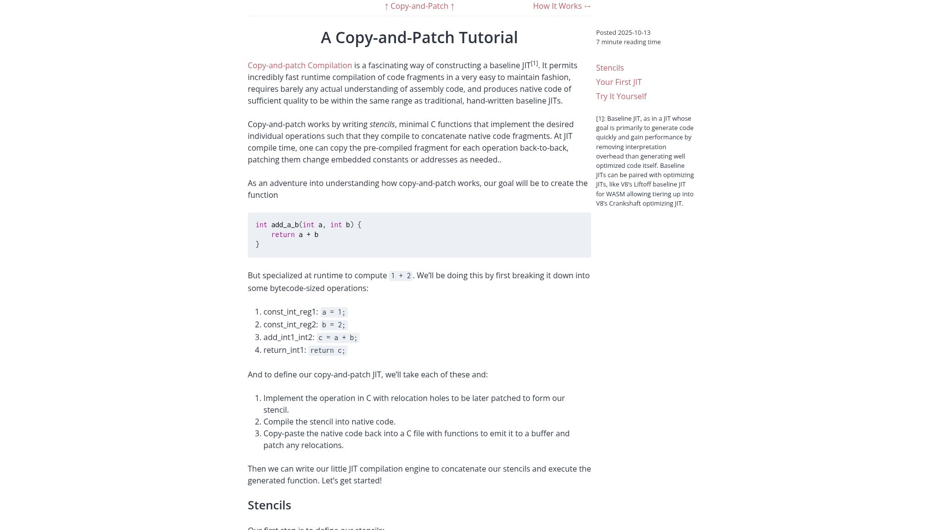 Screenshot of transactional.blog: Copy-and-Patch: A Copy-and-Patch Tutorial