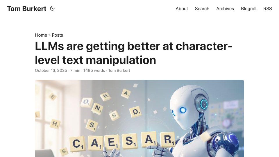 Screenshot of blog.burkert.me: LLMs are getting better at character-level text manipulation