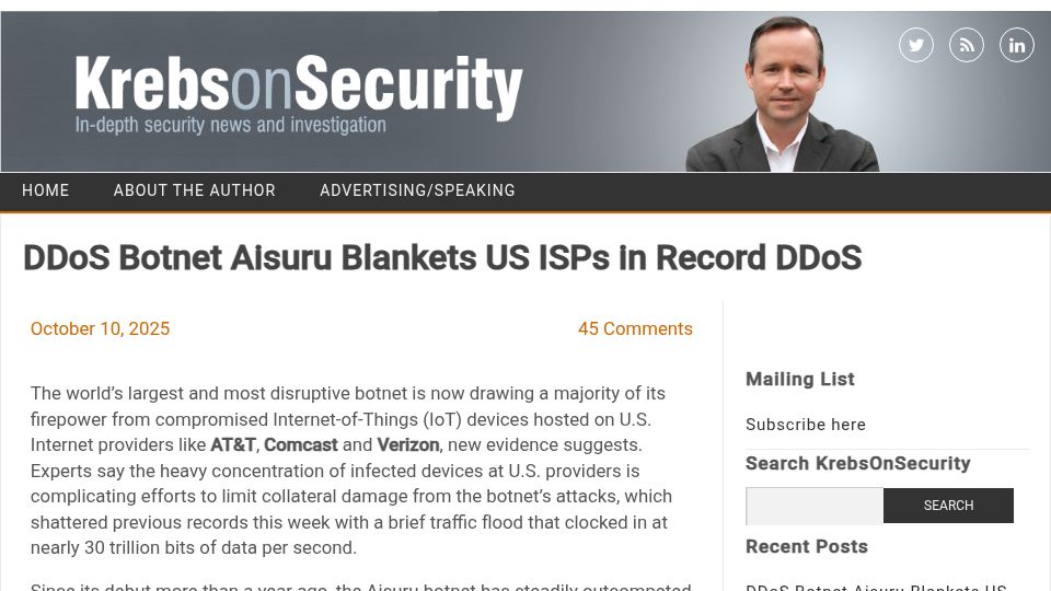 Screenshot of krebsonsecurity.com: DDoS Botnet Aisuru Blankets US ISPs in Record DDoS