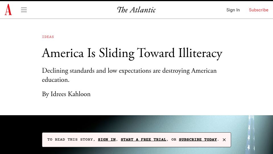 Screenshot of theatlantic.com: America Is Sliding Toward Illiteracy