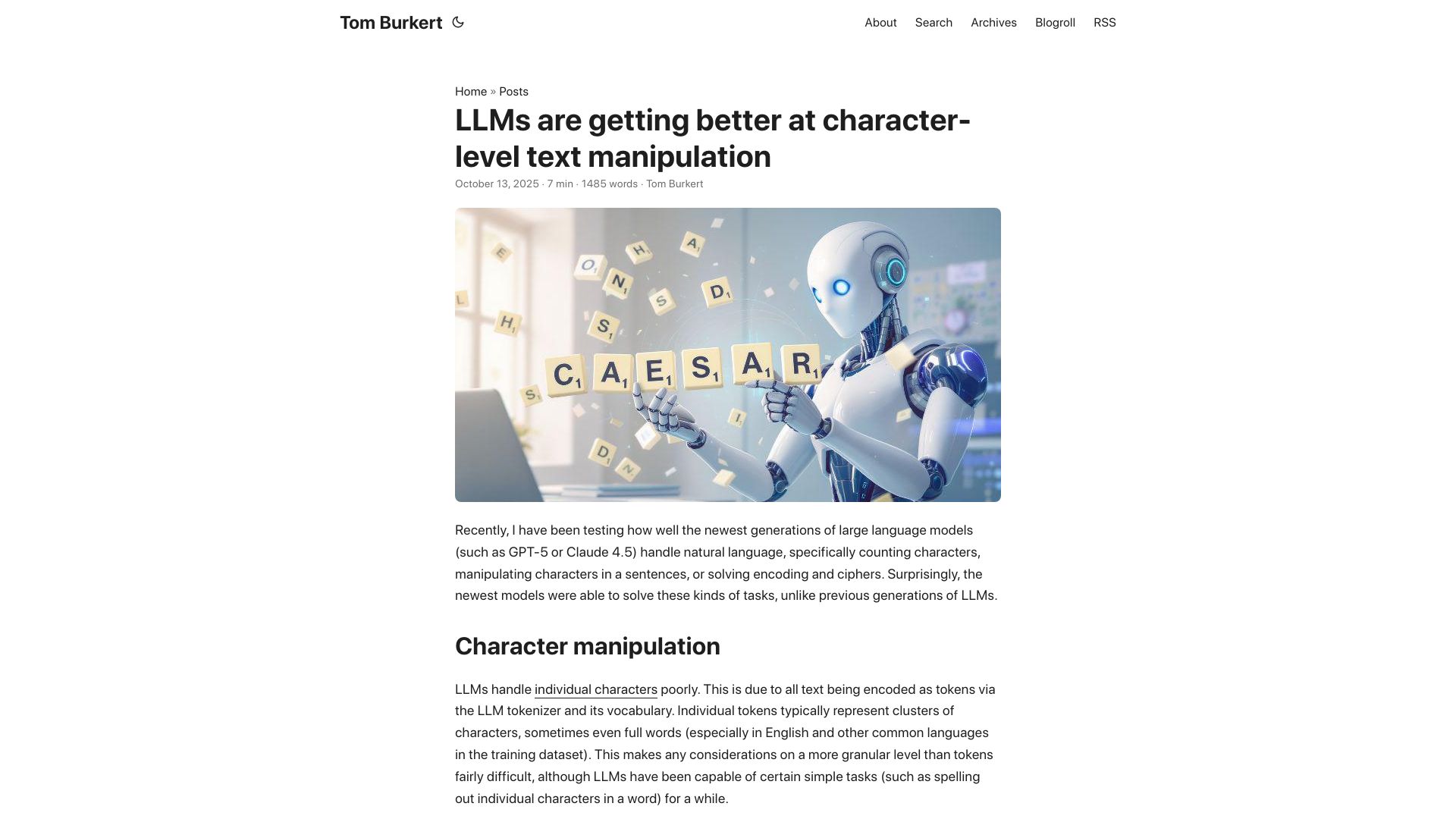Screenshot of blog.burkert.me: LLMs are getting better at character-level text manipulation