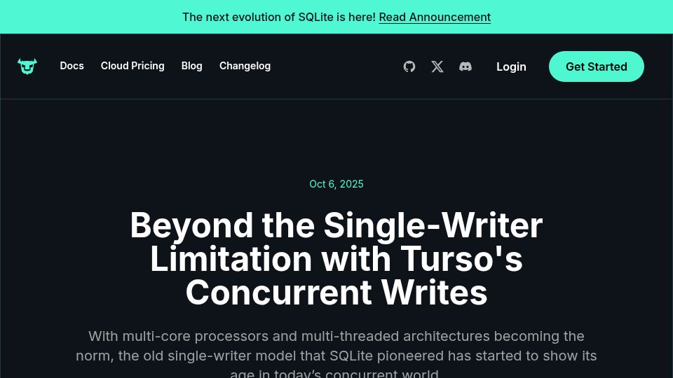 Screenshot of turso.tech: Beyond the SQLite single-writer limitation with concurrent writes