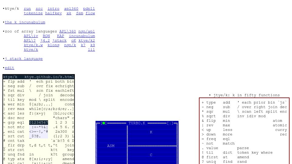 Screenshot of ktye.github.io: Zoo of array languages