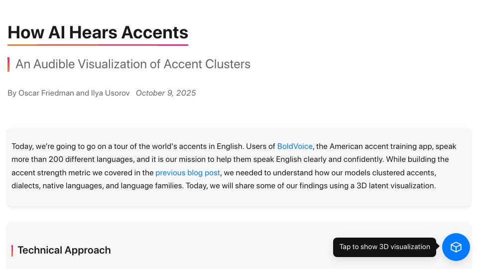 Screenshot of accent-explorer.boldvoice.com: How AI hears accents: An audible visualization of accent clusters