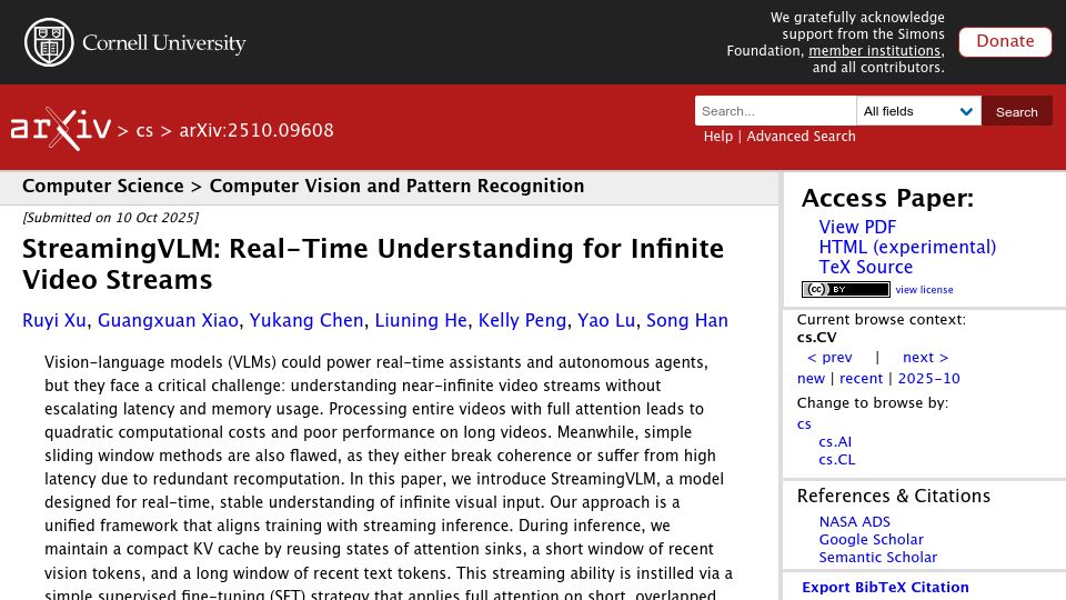 Screenshot of arxiv.org: StreamingVLM: Real-Time Understanding for Infinite Video Streams
