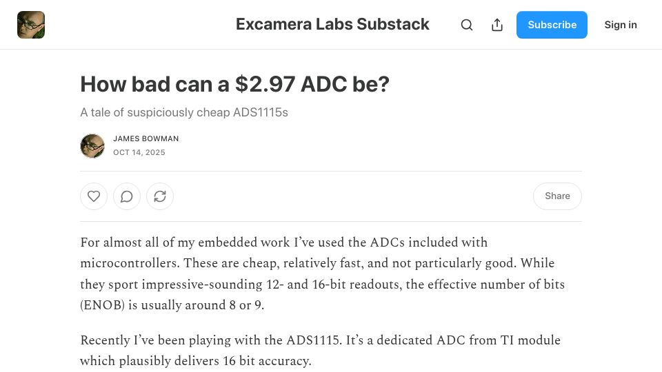 Screenshot of excamera.substack.com: How bad can a $2.97 ADC be?