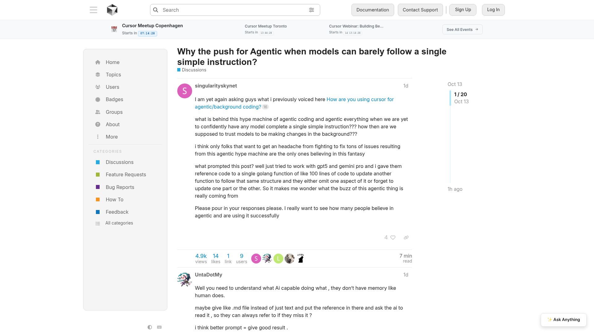 Screenshot of forum.cursor.com: Why the push for Agentic when models can barely follow a simple instruction?