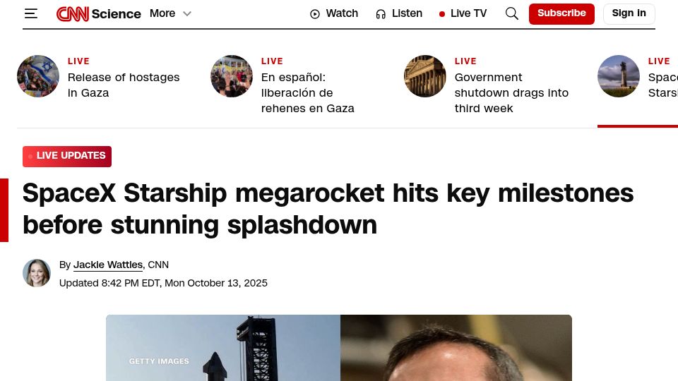 Screenshot of cnn.com: SpaceX launches Starship megarocket on 11th test flight