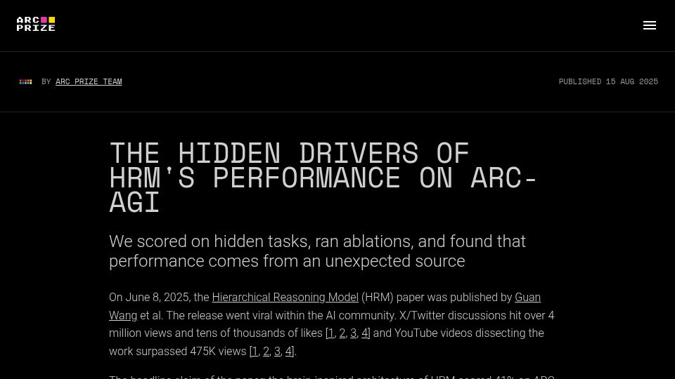 Screenshot of arcprize.org: Hidden drivers of HRM's performance on ARC-AGI