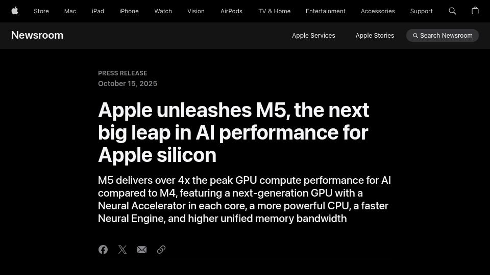 Screenshot of apple.com: Apple M5 chip