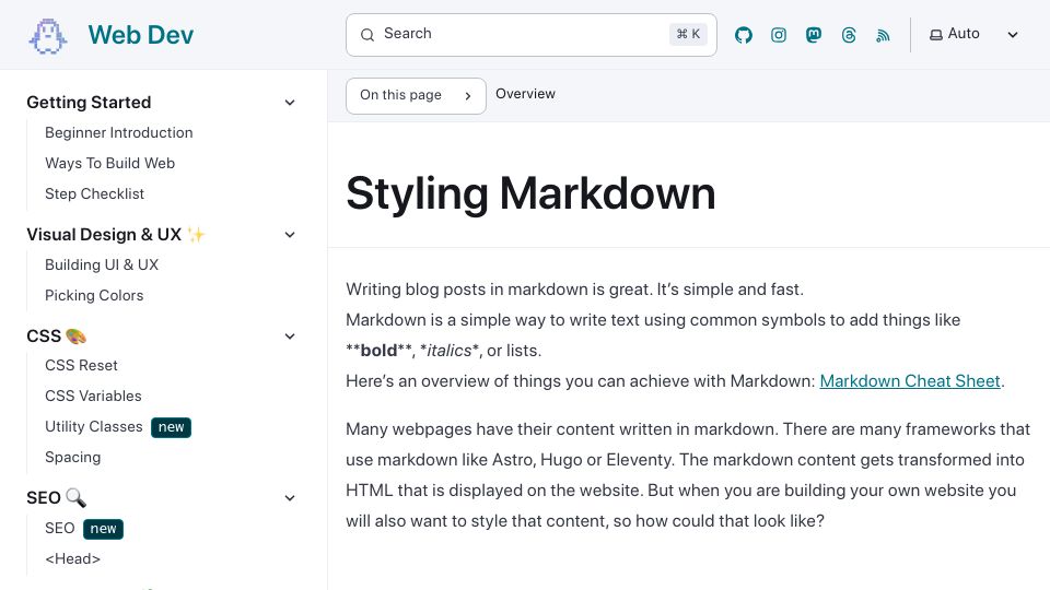 Screenshot of webdev.bryanhogan.com: CSS for Styling a Markdown Post
