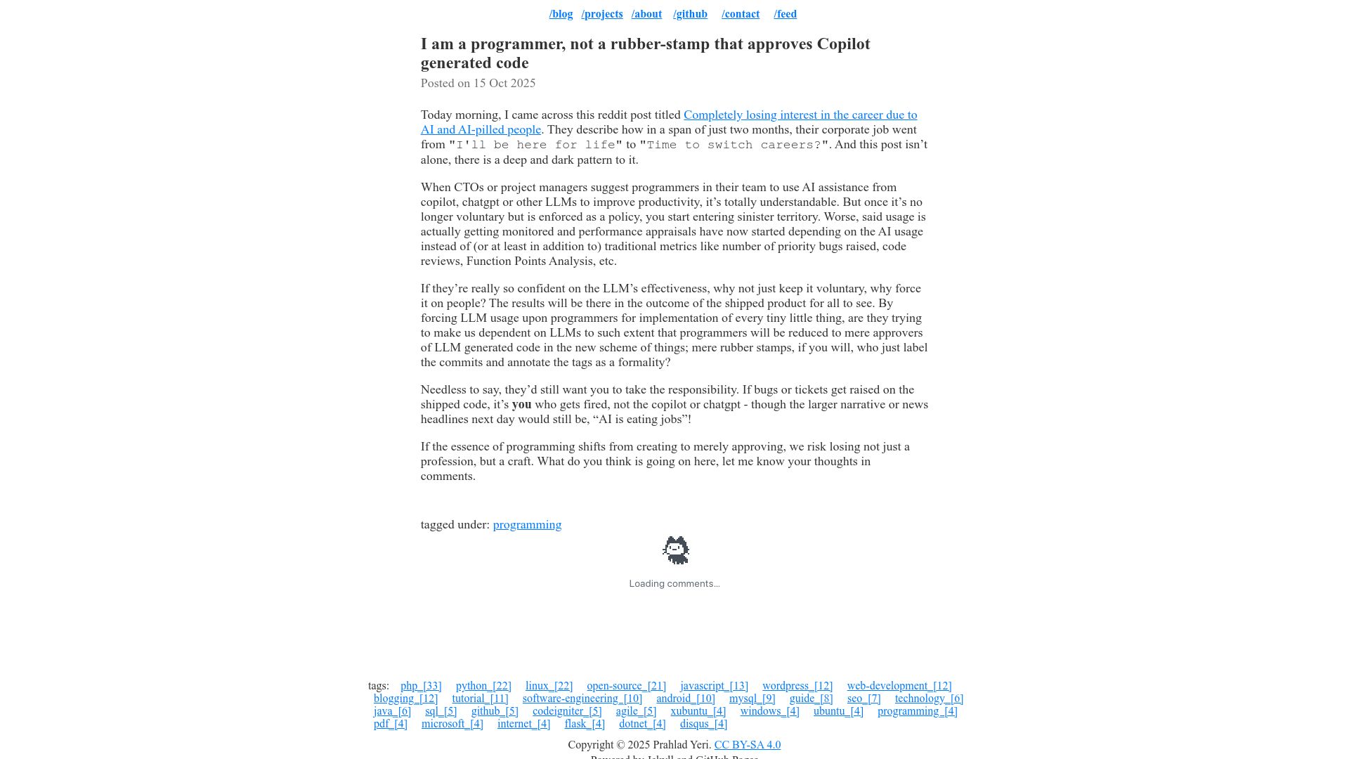 Screenshot of prahladyeri.github.io: I am a programmer, not a rubber-stamp that approves Copilot generated code