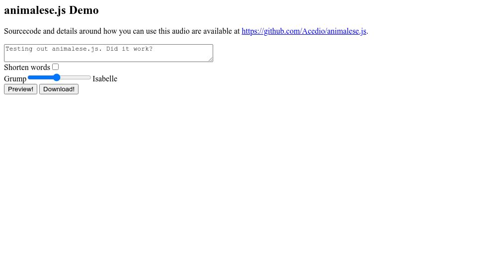 Screenshot of acedio.github.io: Animalese.js Demo