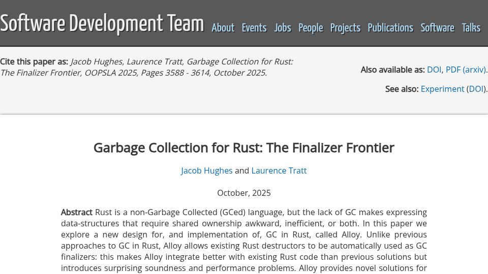 Screenshot of soft-dev.org: Garbage collection for Rust: The finalizer frontier