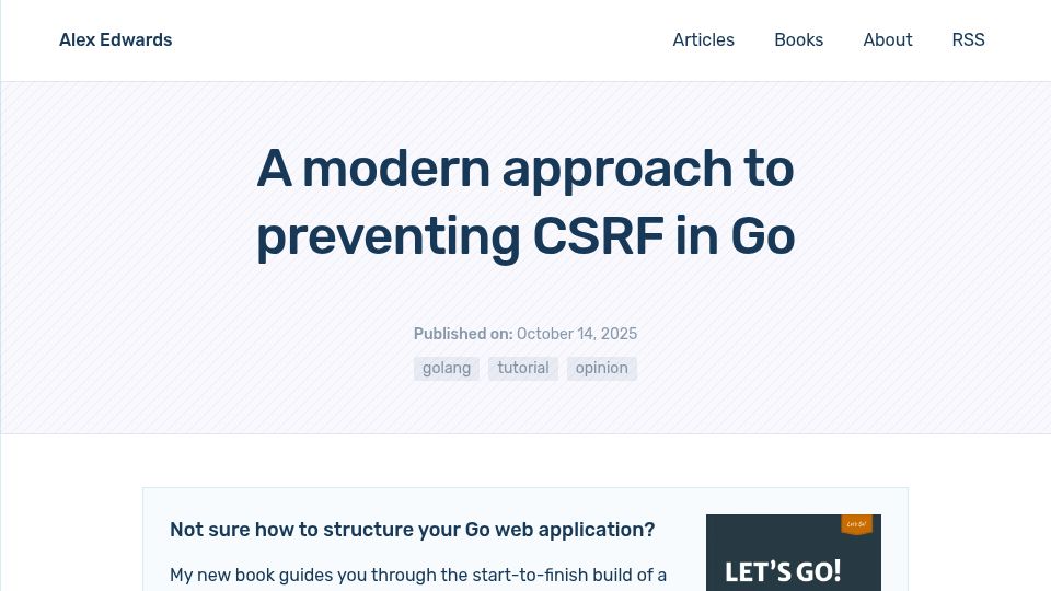 Screenshot of alexedwards.net: A modern approach to preventing CSRF in Go