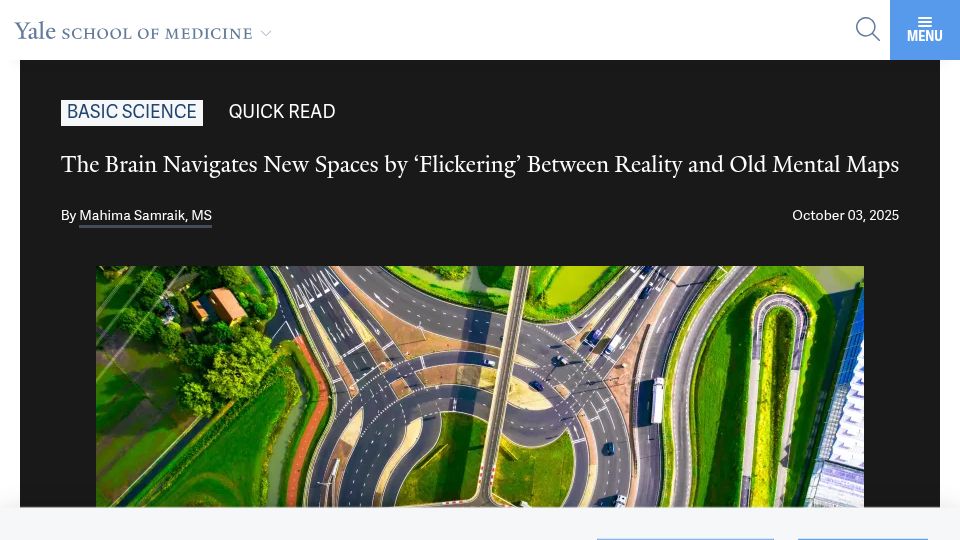 Screenshot of medicine.yale.edu: The brain navigates new spaces by 'darting' between reality and mental maps