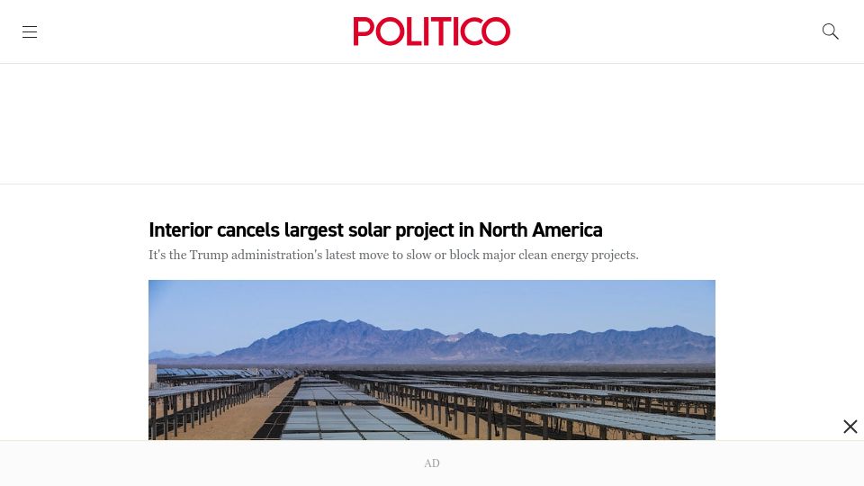 Screenshot of politico.com: Interior cancels largest solar project in North America