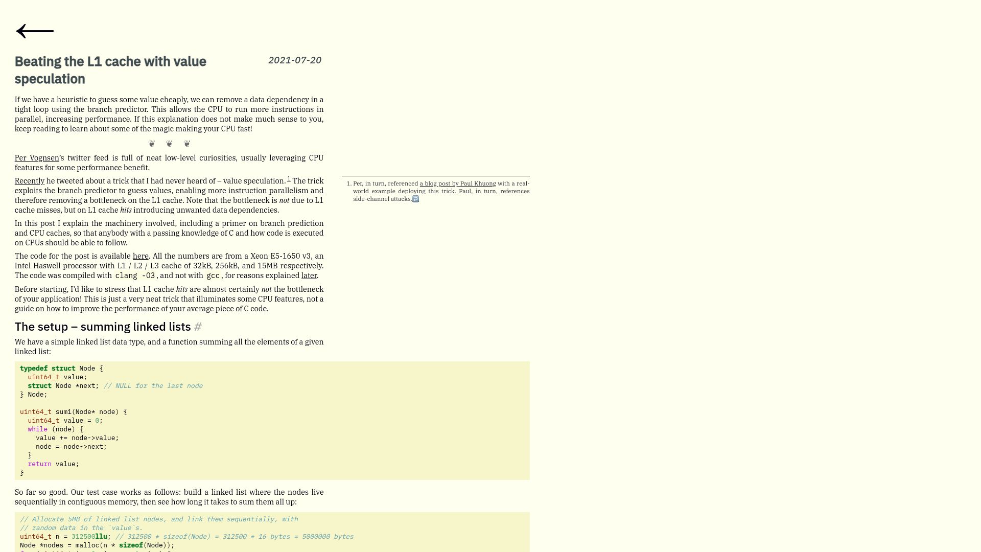 Screenshot of mazzo.li: Beating the L1 cache with value speculation (2021)