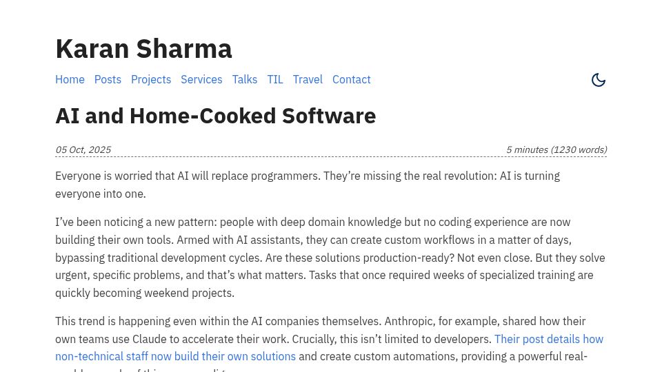 Screenshot of mrkaran.dev: AI and Home-Cooked Software