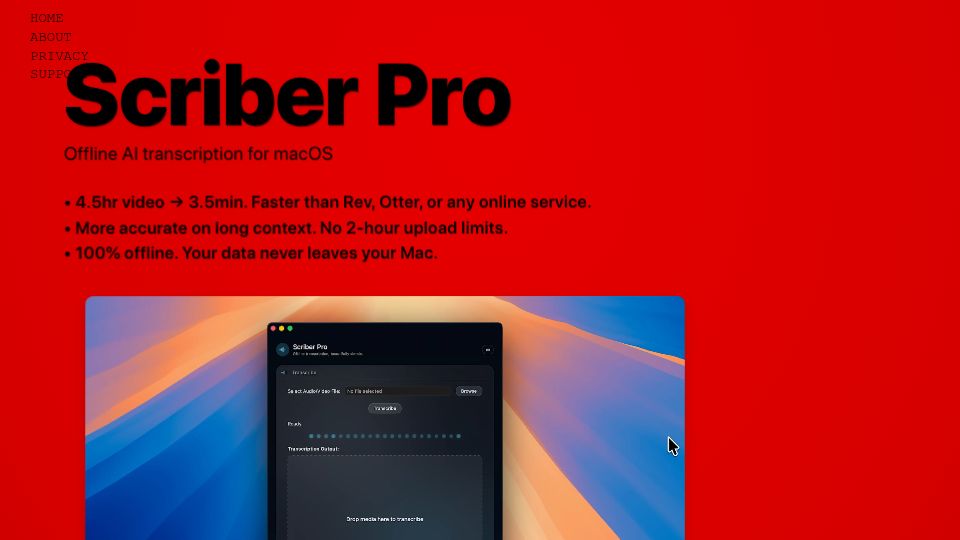 Screenshot of scriberpro.cc: Show HN: Scriber Pro – Offline AI transcription for macOS