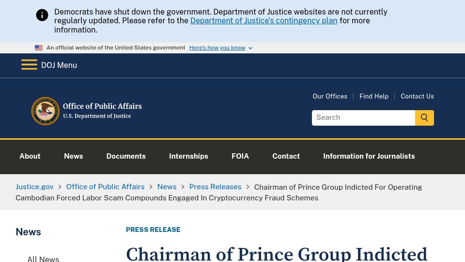 Screenshot of cnbc.com: DOJ seizes $15B in Bitcoin from 'pig butchering' scam based in Cambodia