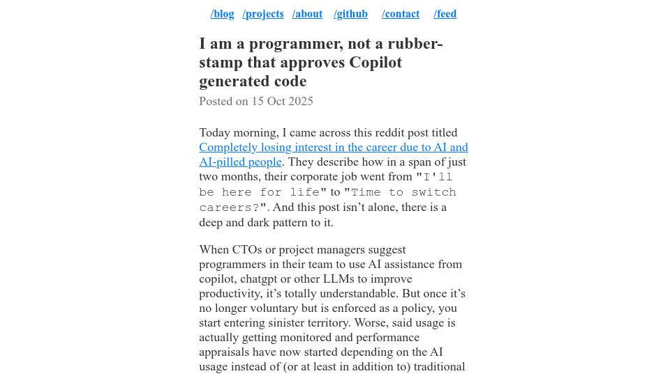 Screenshot of prahladyeri.github.io: I am a programmer, not a rubber-stamp that approves Copilot generated code