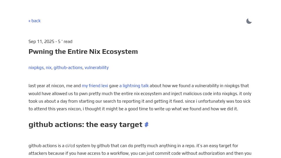 Screenshot of ptrpa.ws: Pwning the Nix ecosystem
