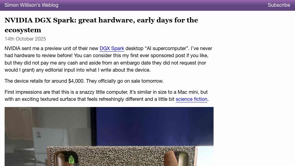 Screenshot of simonwillison.net: Nvidia DGX Spark: great hardware, early days for the ecosystem