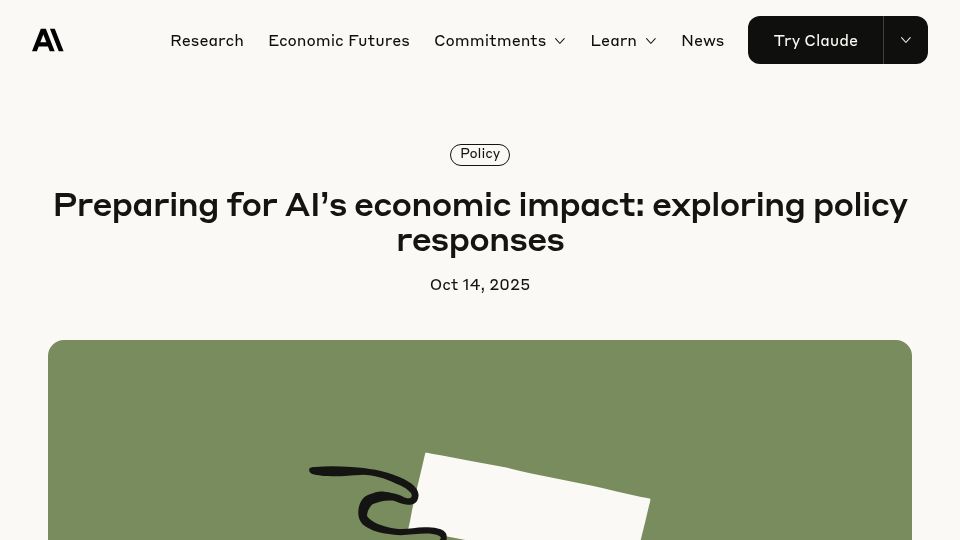 Screenshot of anthropic.com: Preparing for AI's economic impact: exploring policy responses