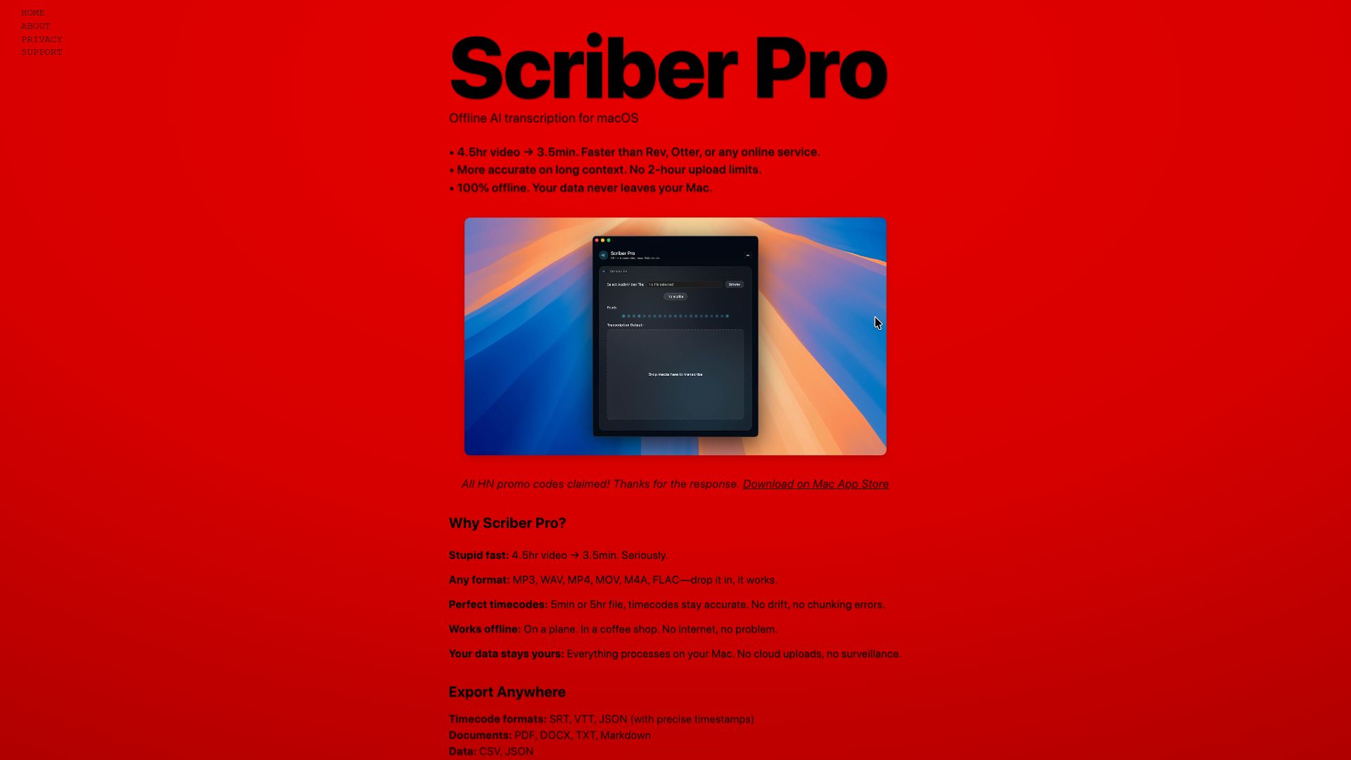 Screenshot of scriberpro.cc: Show HN: Scriber Pro – Offline AI transcription for macOS