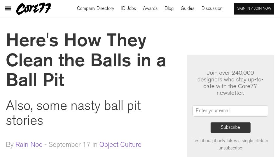 Screenshot of core77.com: How they clean the balls in a ball pit