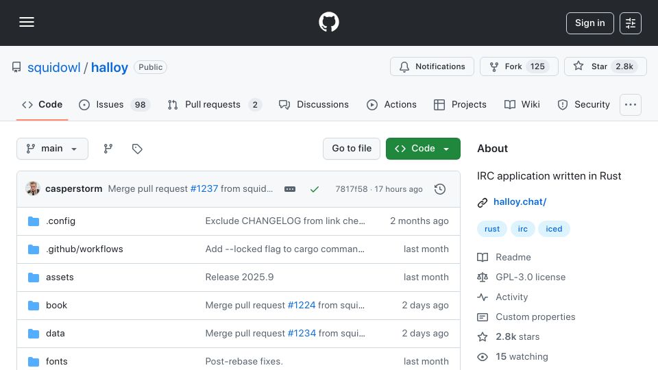 Screenshot of github.com: Show HN: Halloy – Modern IRC client