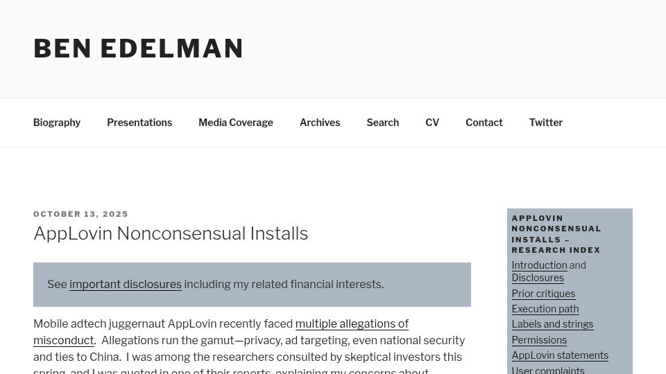 Screenshot of benedelman.org: AppLovin nonconsensual installs