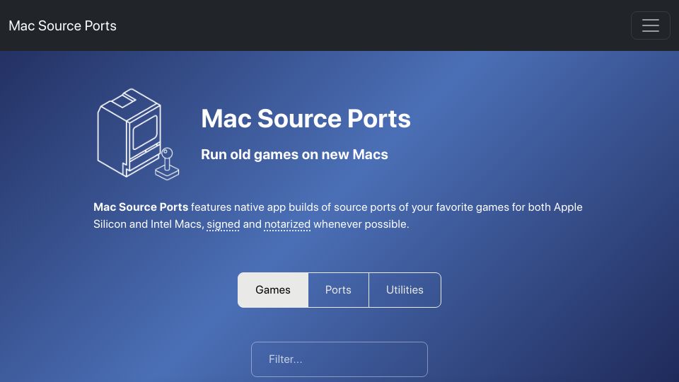 Screenshot of macsourceports.com: Mac Source Ports – Run old games on new Macs