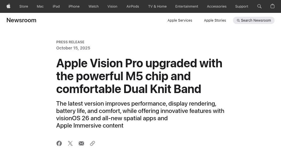 Screenshot of apple.com: Apple Vision Pro upgraded with M5 chip