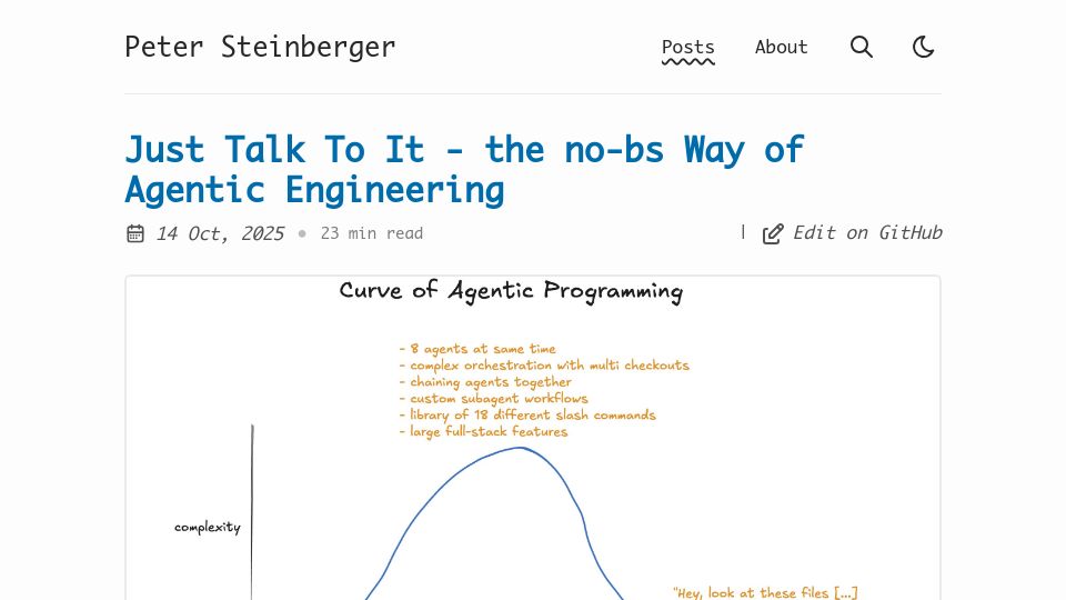 Screenshot of steipete.me: Just talk to it – A way of agentic engineering