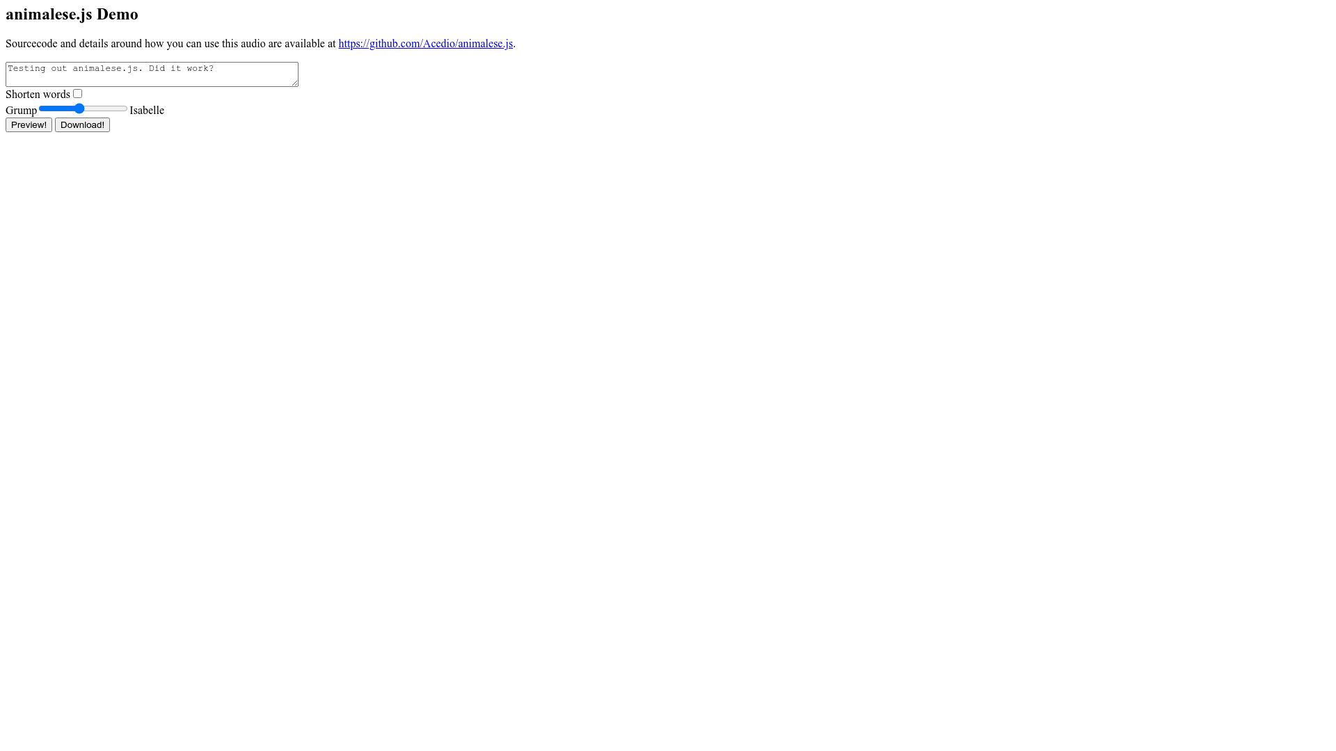 Screenshot of acedio.github.io: Animalese.js Demo