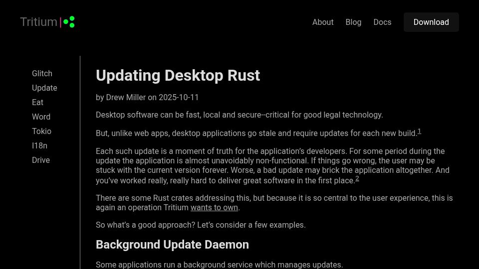 Screenshot of tritium.legal: Updating Desktop Rust