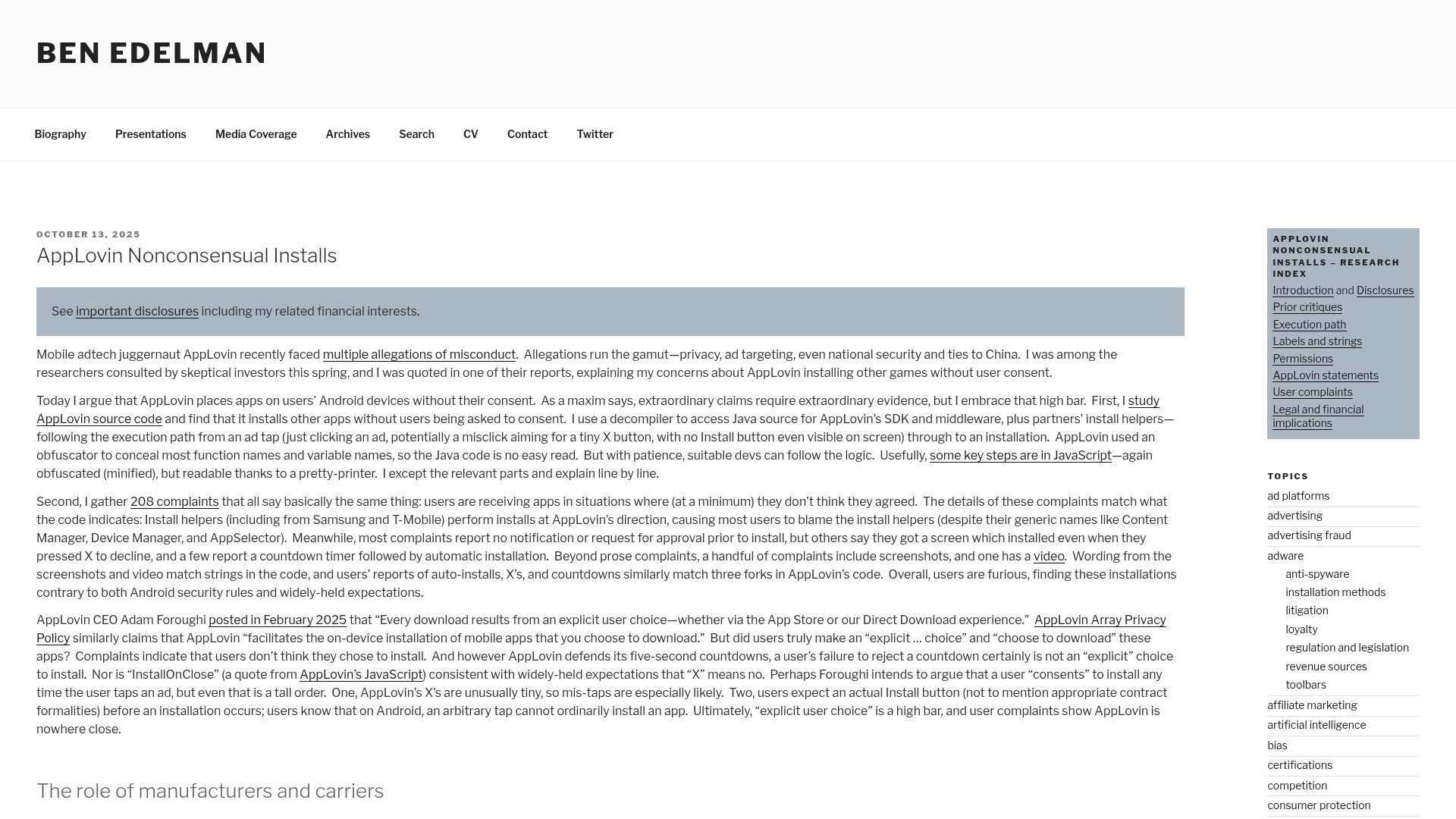 Screenshot of benedelman.org: AppLovin nonconsensual installs