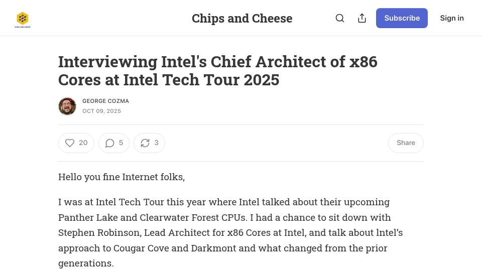 Screenshot of chipsandcheese.com: Interviewing Intel's Chief Architect of x86 Cores