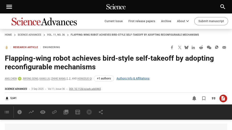 Screenshot of science.org: Flapping-wing robot achieves self-takeoff by adopting reconfigurable mechanisms