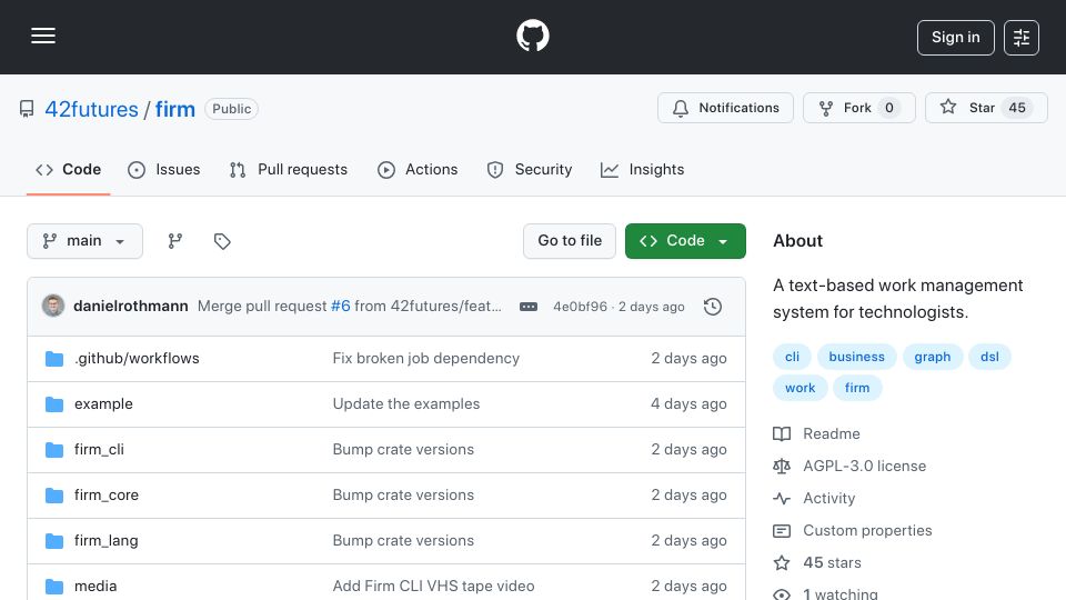 Screenshot of github.com: Show HN: Firm, a text-based work management system