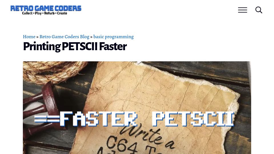 Screenshot of retrogamecoders.com: Printing Petscii Faster