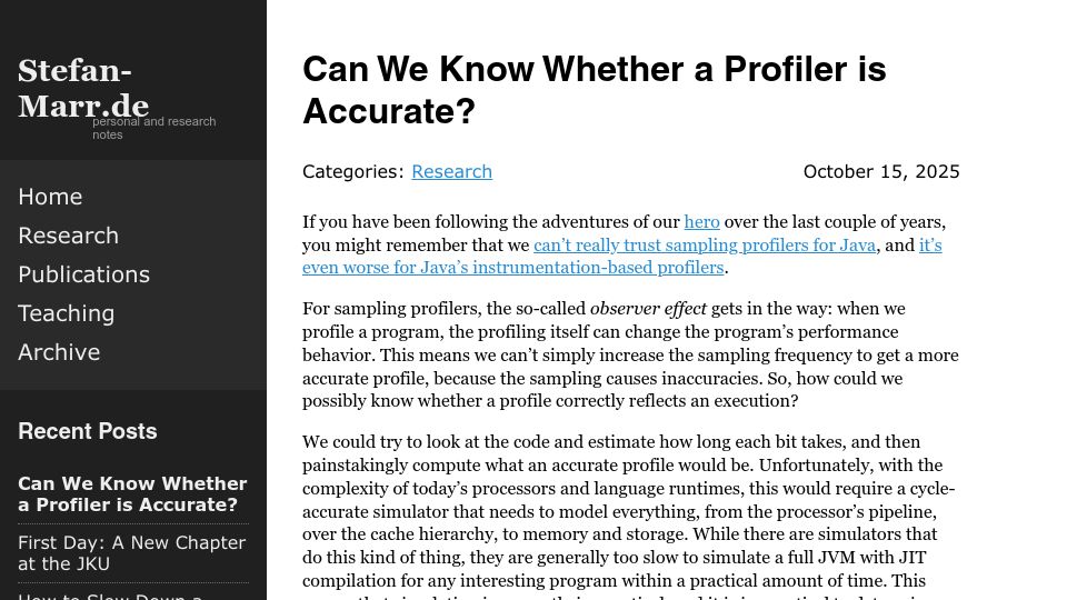 Screenshot of stefan-marr.de: Can we know whether a profiler is accurate?