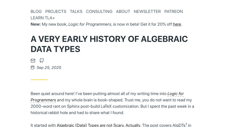 Screenshot of hillelwayne.com: A Early History of Algebraic Data Types