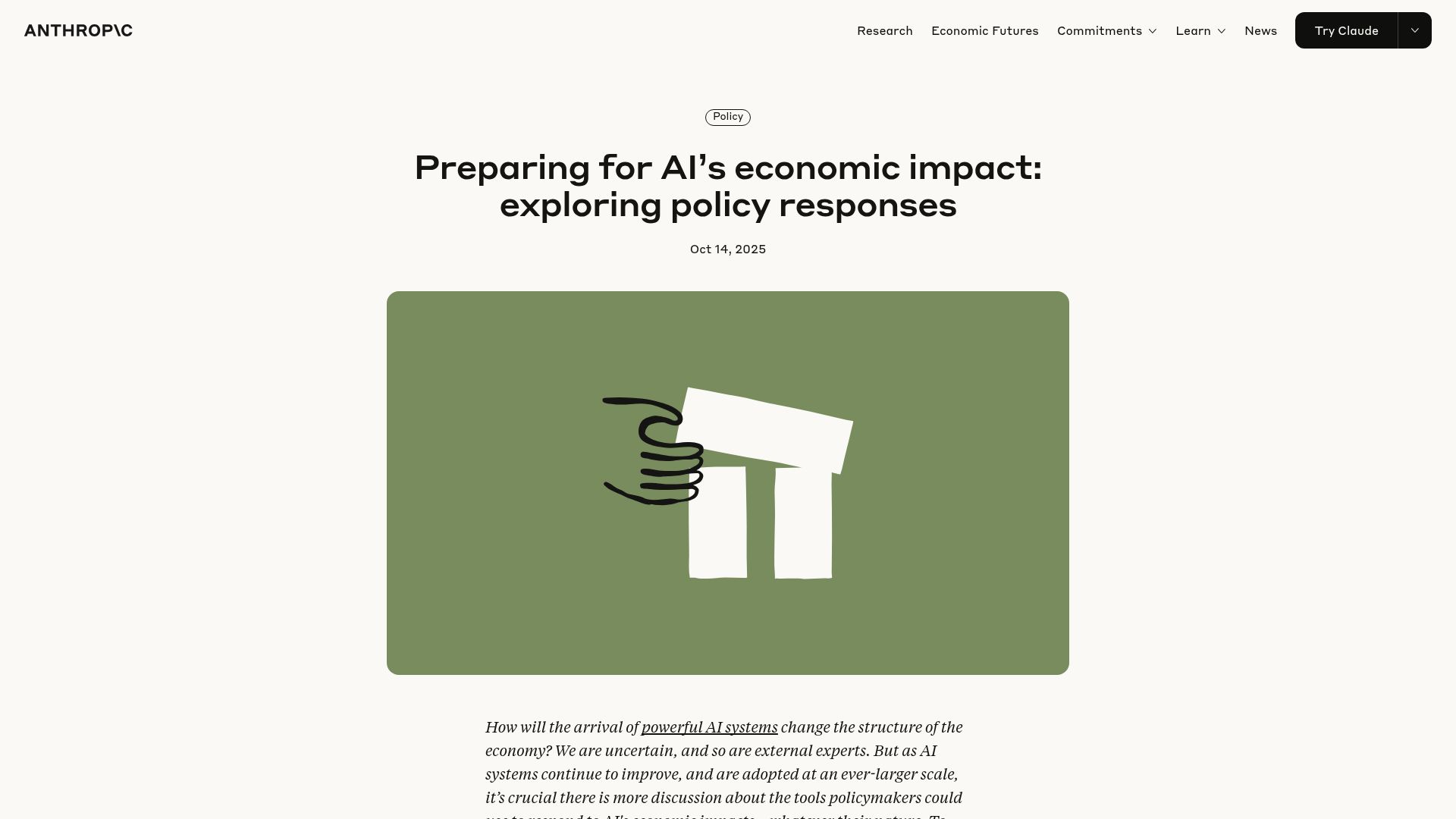 Screenshot of anthropic.com: Preparing for AI's economic impact: exploring policy responses