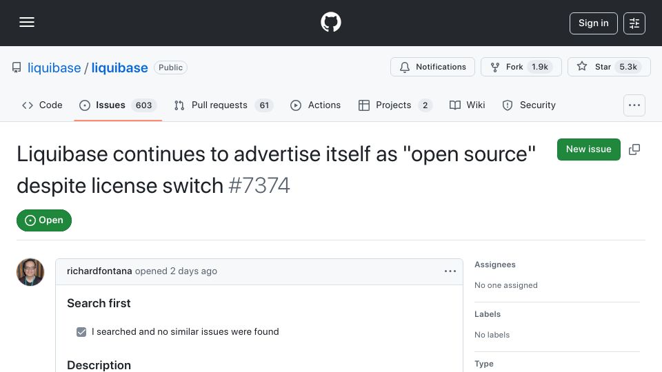 Screenshot of github.com: Liquibase continues to advertise itself as "open source" despite license switch