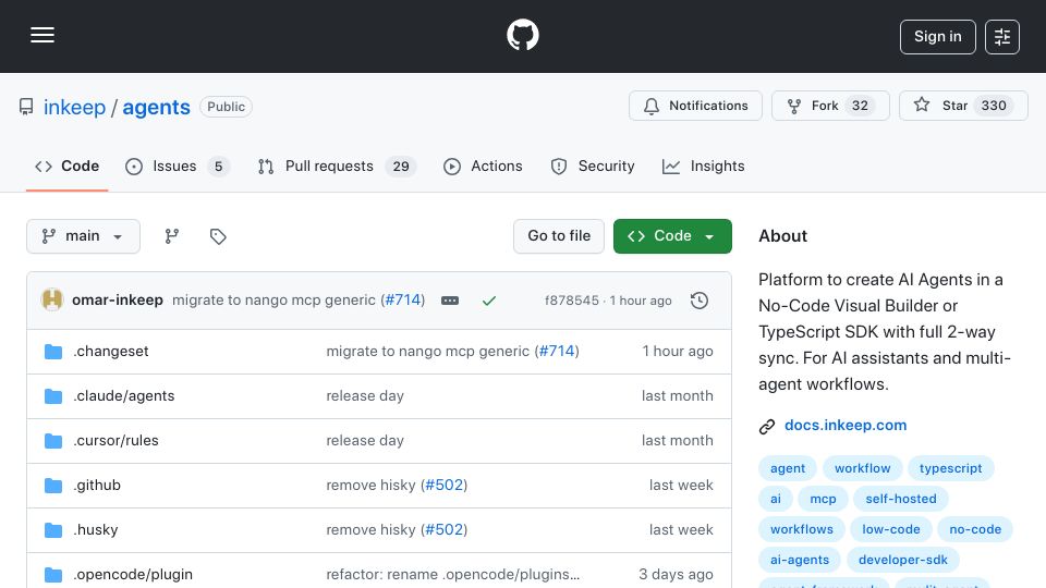 Screenshot of github.com: Show HN: Inkeep (YC W23) – Agent Builder to create agents in code or visually