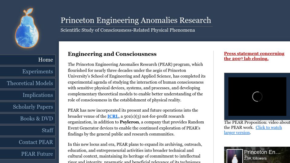 Screenshot of pearlab.icrl.org: Princeton Engineering Anomalies Research