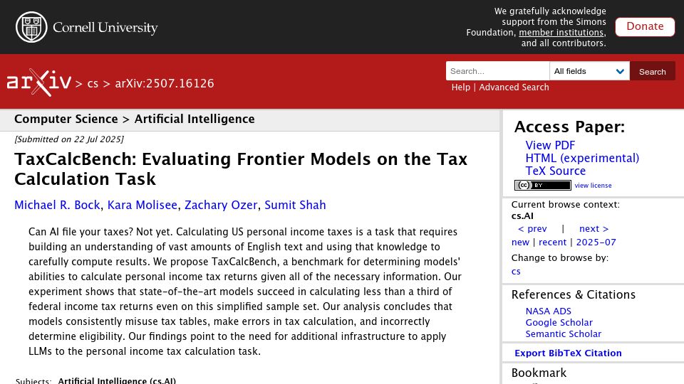 Screenshot of arxiv.org: TaxCalcBench: Evaluating Frontier Models on the Tax Calculation Task